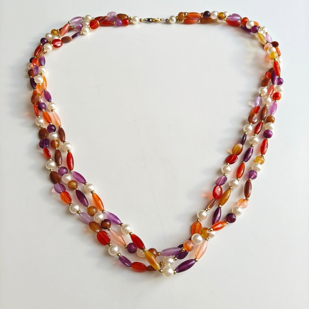Triple Strand Beaded Necklace  
Orange Purple Brown Plastic Faux Pearl Gold Tone
